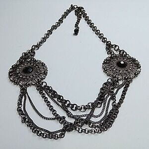 Signed Express Black and Rhinestone Multi-strand Statement necklace‎